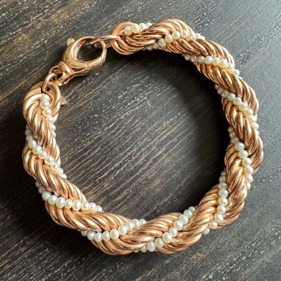 HONORA Cultured Pearl & Bronze Bracelet Rose Gold Tone Twist Rope Italy 8" - Picture 2 of 12